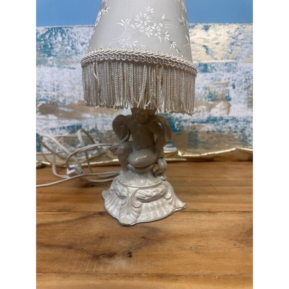 Vintage Cherub Lamp With Fringe Shade Painted Metal - Picture 4 of 9